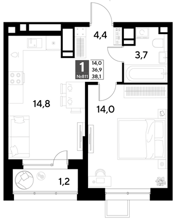 Планировка 1-комн 38,1 м²