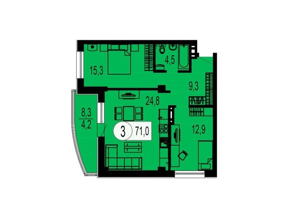 Планировка 3-комнатной квартиры 71 кв.м