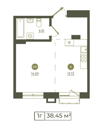 Планировка 1-комн 37,5, 38,45 м²