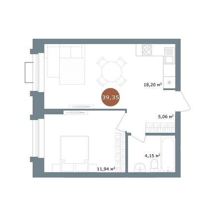 Планировка 2-комн 39,35 м²