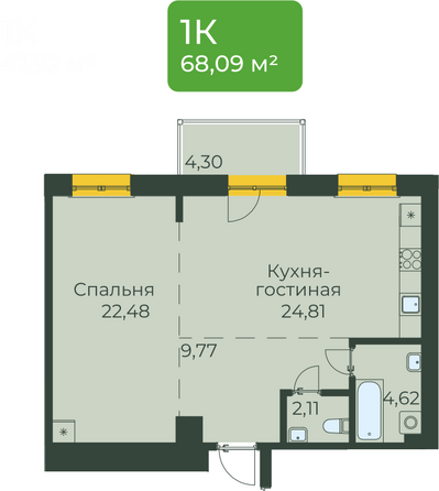 Планировка 1-комн 68,09 м²