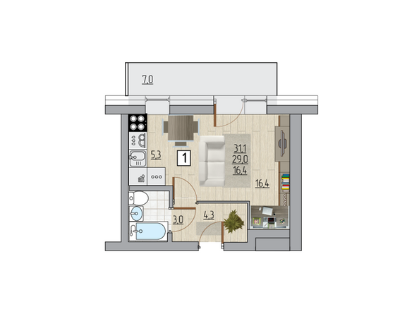 Планировка однокомнатной квартиры 31,1 кв.м