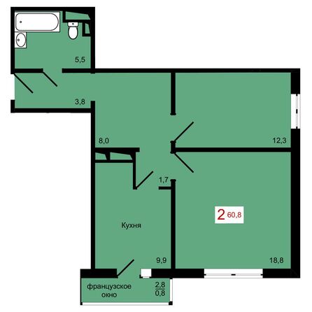 Планировка 2-комн 60,8 м²