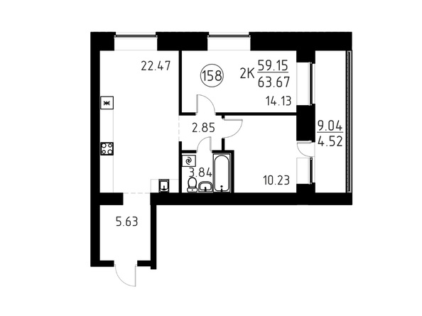 Планировка 2-комн 63,67 м²