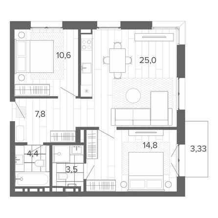 Планировка 3-комн 69,05 м²