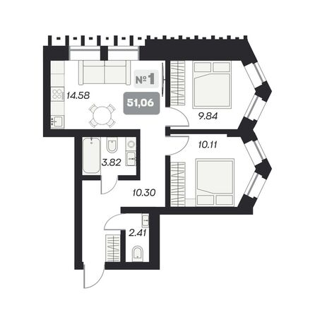 Планировка 2-комн 51,06 м²