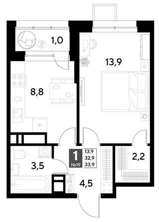 Планировка 1-комн 33,9 м²