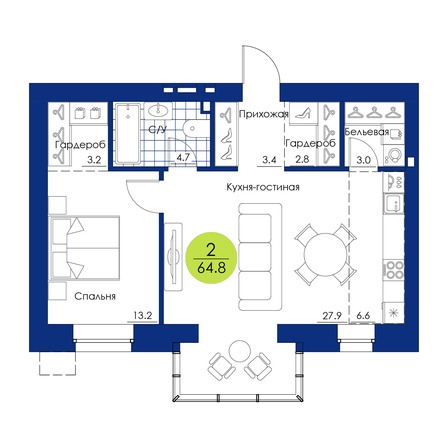 Планировка 2-комн 64,8 м²