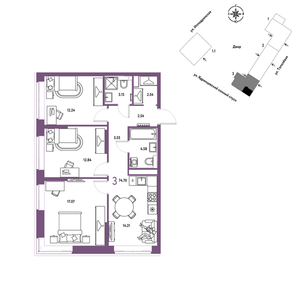 Планировка 3-комн 74,7 м²