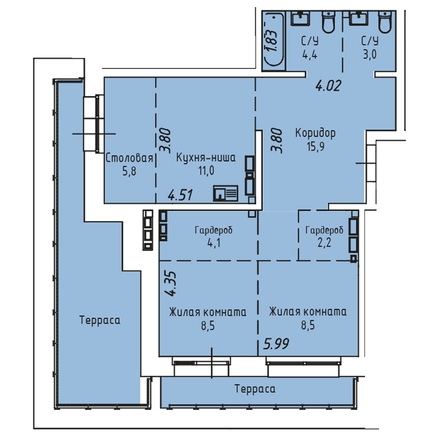 Планировка 2-комн 85 м²