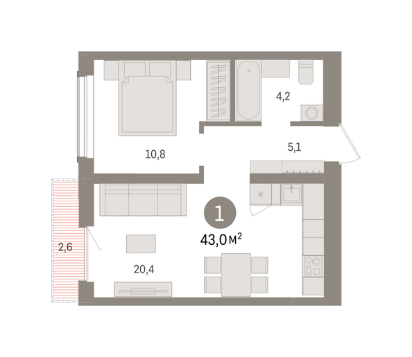 Планировка 1-комн 42,96 м²