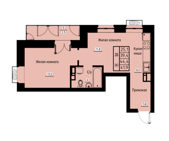 Планировка 2-комн 41,9 м²