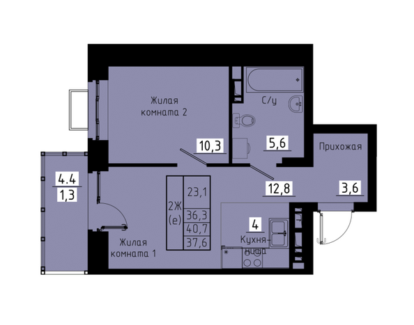 Планировка 2-комн 37,6 м²