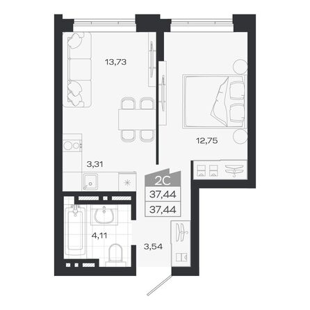 Планировка 2-комн 37,44, 37,78 м²