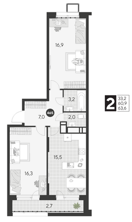 Планировка 2-комн 63,6 м²