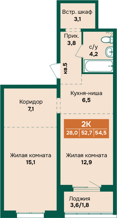 Планировка 2-комн 54,5 м²