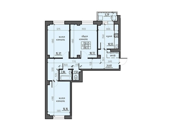 Планировка трехкомнатной квартиры 88,12 кв.м