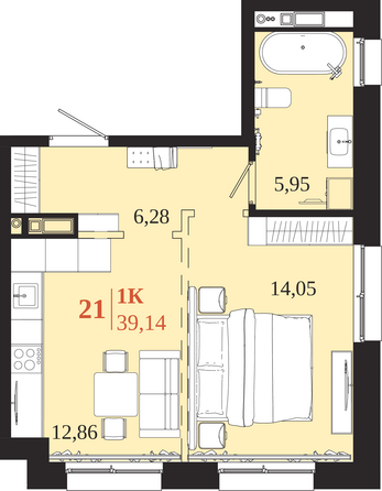 Планировка 1-комн 39,14 м²