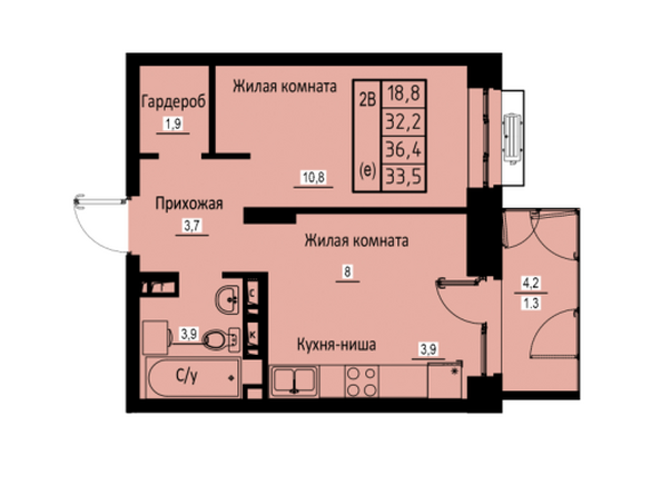 Планировка 2-комн 33,5 м²