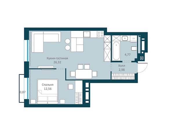 Планировка 1-комн 46,63 - 47,23 м²