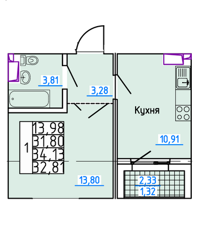 Планировка 1-комн 32,81 м²