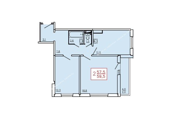 Планировка двухкомнатной квартиры 59,5 кв.м. Этажи 10-16