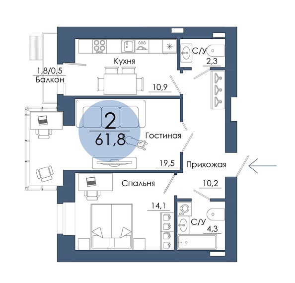 Планировка 2-комн 61,8 м²