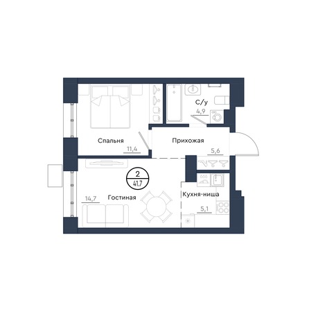 Планировка 2-комн 41,7 м²