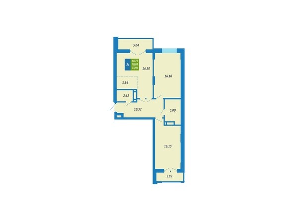 Планировка 3-комнатной квартиры 73,96 кв.м
