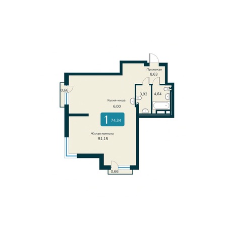 Планировка 2-комн 74,34 м²