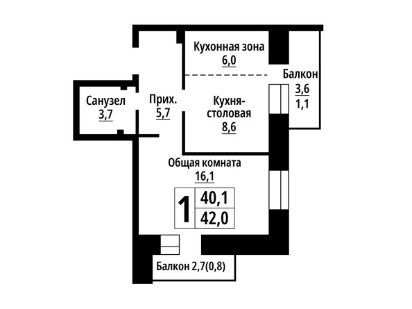 Планировка 1-комн 42 м²