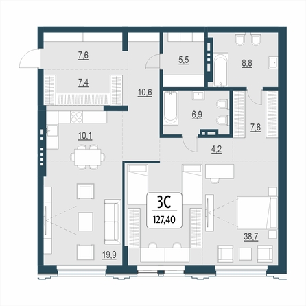 Планировка 3-комн 127,4 м²