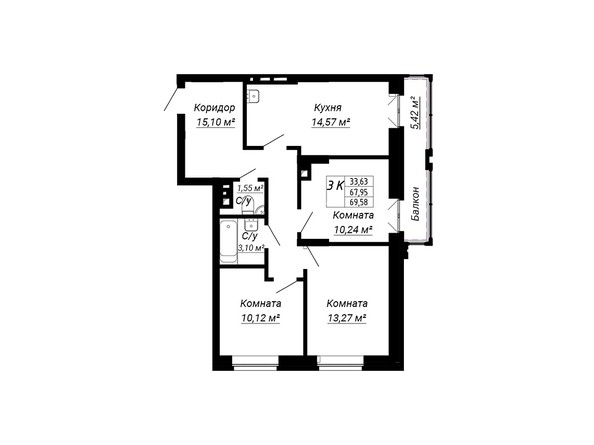 Планировка трехкомнатной квартиры 69,58 кв.м