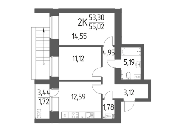 Планировка 2-комн 55,02 м²