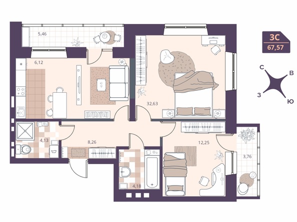 Планировка Студия 67,57, 68,26 м²