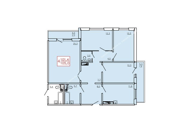 Планировка четырехкомнатной квартиры 105 кв.м. Этаж 17