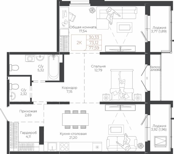 Планировка 2-комн 77,59 м²