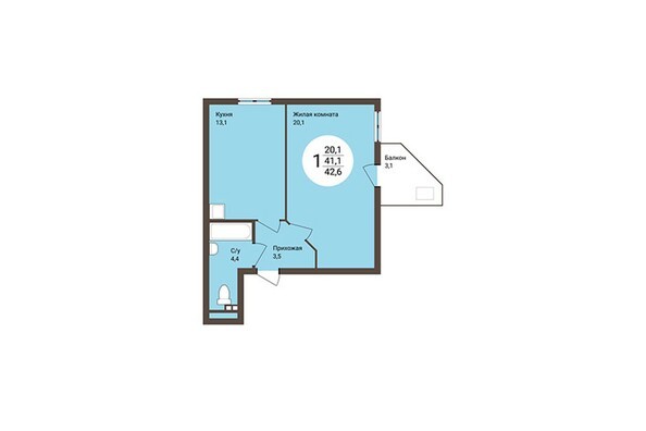 Планировка 1-комнатной квартиры 42,6 кв.м