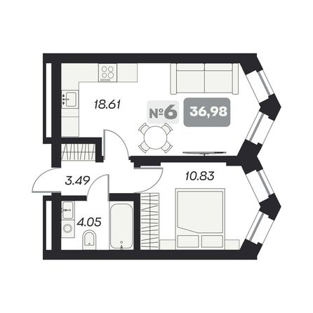 Планировка 1-комн 36,98, 37,14 м²