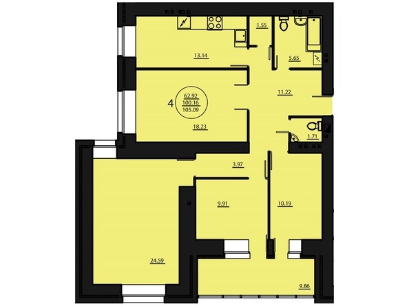 Планировка четырехкомнатной квартиры 105,09 кв.м