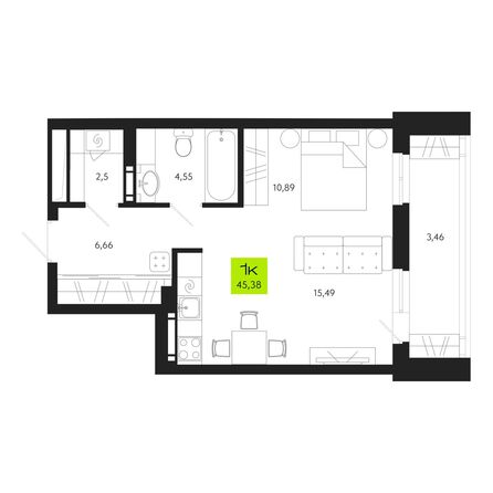 Планировка 1-комн 45,38, 45,4 м²