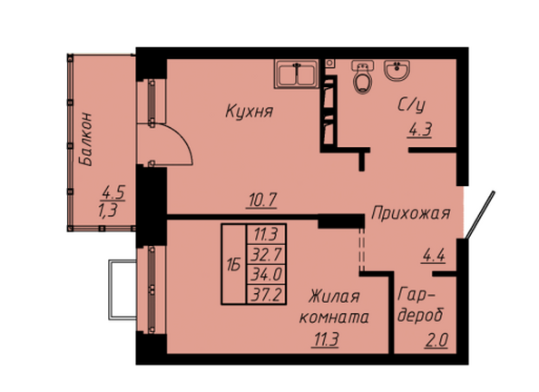 Планировка 1-комн 34 м²