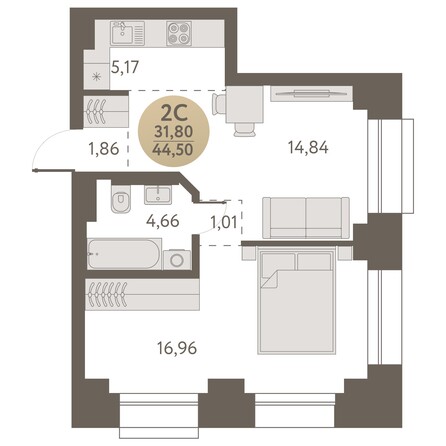 Планировка 2-комн 44,5 м²