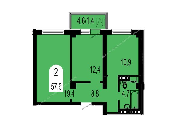 Планировка двухкомнатной квартиры 57,6 кв.м