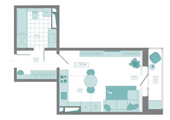 Планировка 1-комн 39,9 м²