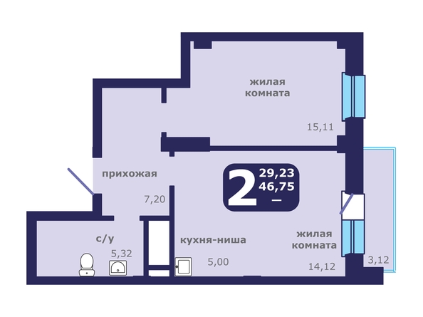 Планировка 2-комн 49,87, 49,97 м²