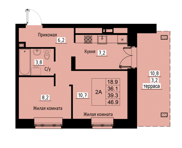 Планировка 2-комн 39,3 м²