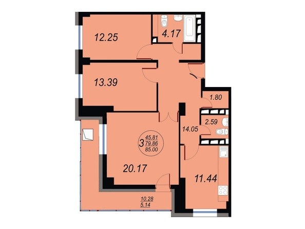 Планировка трехкомнатной квартиры 85,0 кв.м