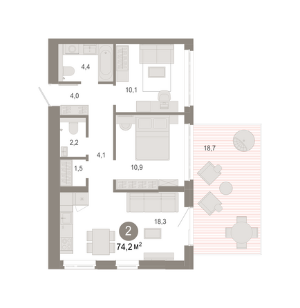 Планировка 2-комн 74,17 м²