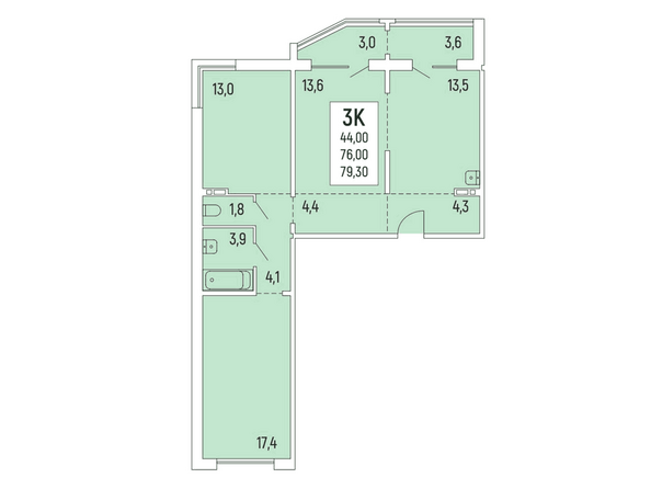 Планировка 3-комнатной квартиры 79-79,3 кв.м